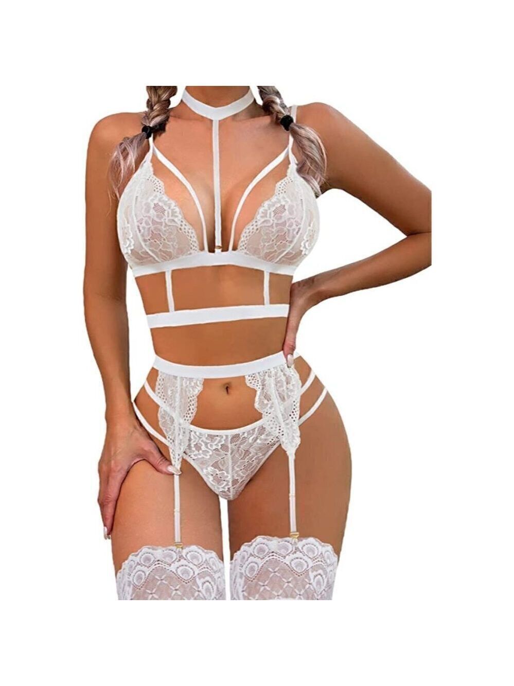 Sexy White Lace Garter Lingerie Choker Teddy Babydoll Strappy Bra Panty Set NWT
